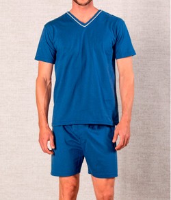 Pijama Curto Masculino Gola V Podiun (8037) 100% Algodão - Azul Oceano