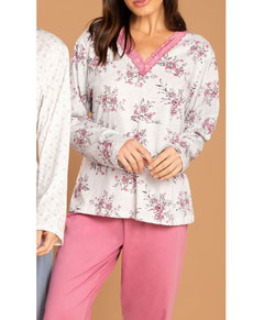 Pijama Longo Floral Com Renda Pzama (050045) 100% Algodão